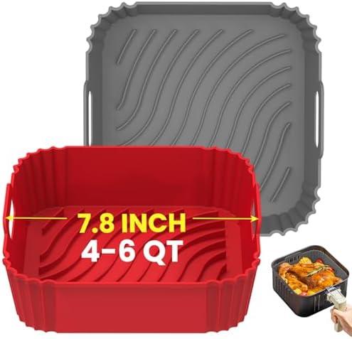 Redfly Silicone Air Fryer Liners 7.8 in, 2PCS Square Reusable Air Fryer Liner 4-6 QT, Replacement of Flammable Parchment Paper, Air Fryer Silicone Liners, Oven Air fryer Accessory Red&Grey
