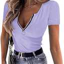 OwnTime Womens Summer Tops Short Sleeve Shirts Sexy V Neck Slim Fit Zip Up Tops Ribbed Knit Henley Shirts Blouses Light Purple XXL
