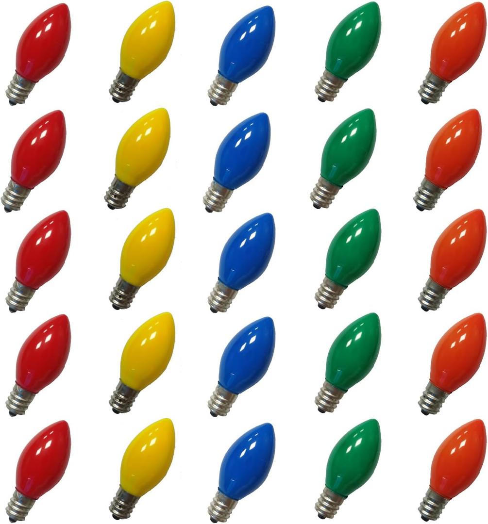 25 Pack C7 Multicolor Christmas Replacement Bulbs, Multicolor Ceramic Light Bulbs for Christmas Outdoor Patio Indoor String Lights, C7/E12 Candelabra Base, 5 Watt- Multicolor