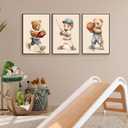 3 Pcs Nursery Bear Wall Art Boys Sports Canvas Wall Decor Vintage Cute Animal Poster Prints Kids Room Painting Pictures for Living Room Bedroom (16x24in Poster) (16L" x24W")