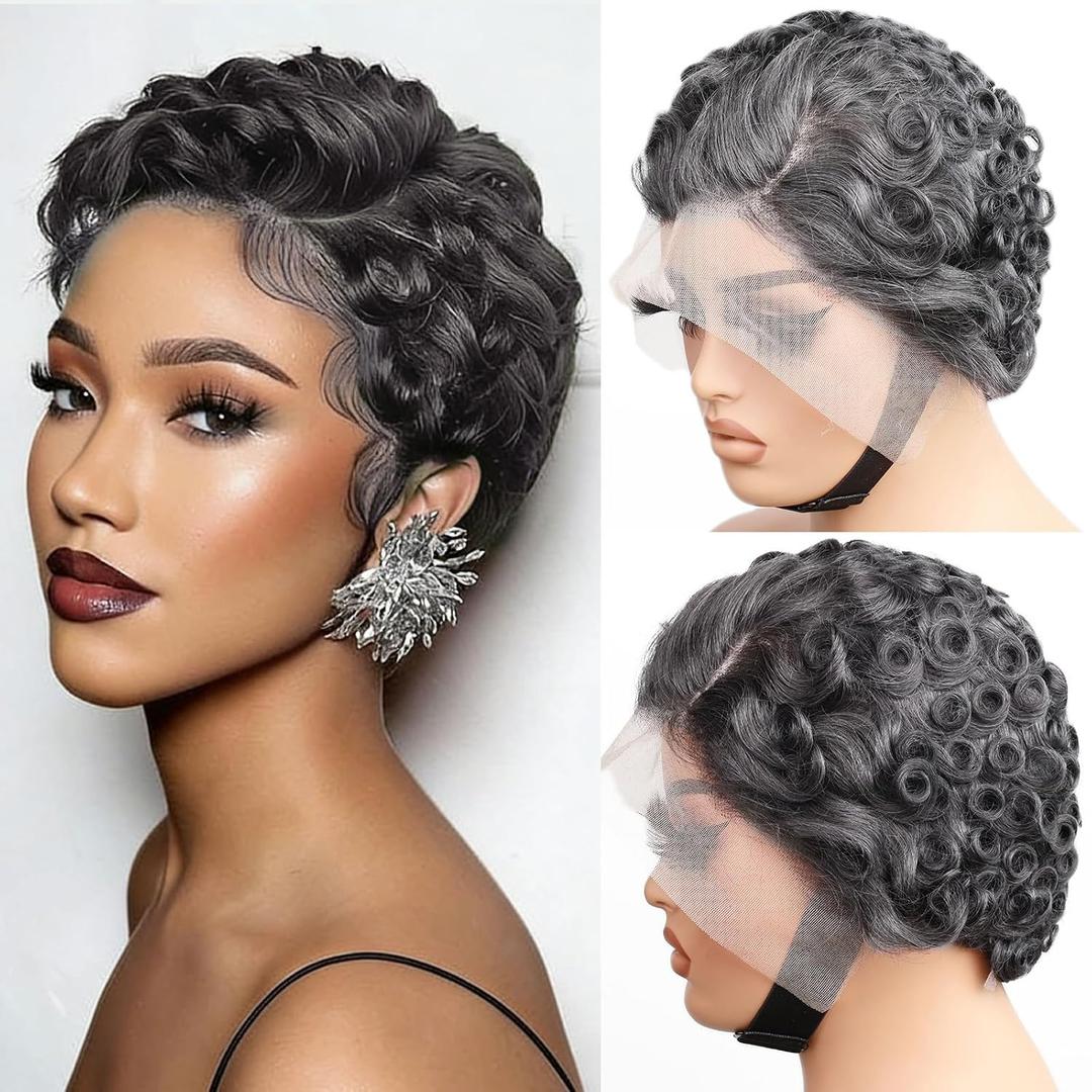 Short Curly 13X4 Lace Front Pixie Cut Wig Human Hair Wigs, Light Grey 13x4 HD Lace Frontal Wigs Short Curly Layered Glueless Daily Wear Wig Deep Loose Wave Pixie Cut Human Hair Wigs for Black Women