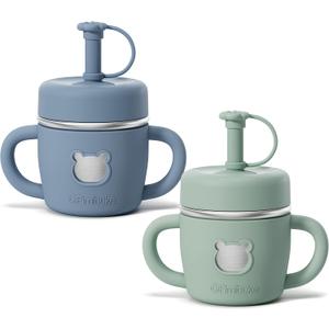 Fimibuke Sippy Cups for Toddlers, 10 OZ Spill Proof Kids Cup, Leak Proof Stainless Steel Tumbler with Handle, Silicone Straw & Sleeve, BPA Free Dishwasher Safe Girl Boy Kids Water Bottle, 2 Packs