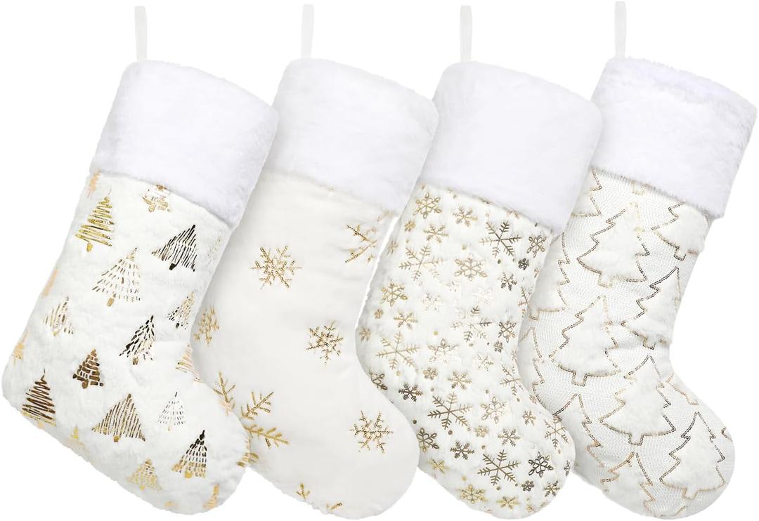 Amorita White Christmas Stockings Set of 4 - Lage Elegant Xmas Stockings with Golden Christmas Tree Snowflake Designs, Fluffy Grey and White Christmas Stockings for Holiday Party Decorations 20 inch