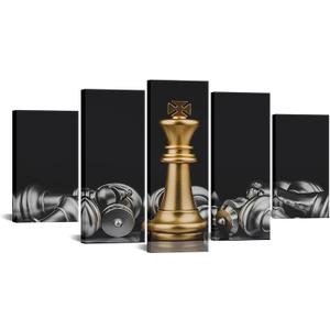 VANSEEING 5 Panel Chess Canvas Wall Art Prints King and Knight Game Picture Painting Black and Gold Artwork for Home Office Decoration Ready to Hang, 12x20inchx2pcs+12x28inchx2pcs+12x32inchx1pc