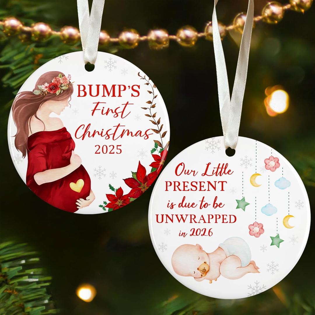 Expecting Baby Ornament 2025 - Pregnancy Announcement Gifts for Husband, Grandparents, Family, Aunt - Gifts for Expecting Parents - Ceramic Baby Bump Christmas Ornament 2025