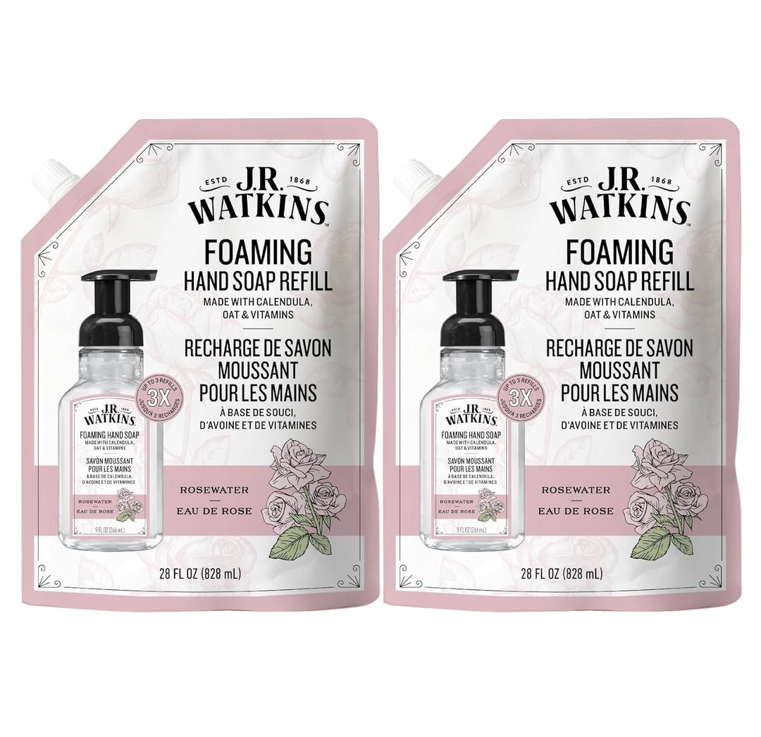 J.R. Watkins Foaming Hand Soap Refill, Moisturizing Foam Hand Wash, Formulated with Plant-Based Cleansers, Alcohol-Free, Cruelty-Free, Rosewater, 28 fl oz, 2 Pack
