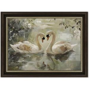 Dark Brown Framed Wall Art, Vintage Romantic Swan Painting Picture Wall Decor, A Pair Elegant White Swan Painting Picture Artwork for Bedroom, Living Room, Bathroom Office, Home Decoration 9x11inch