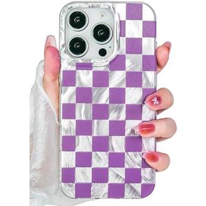 Compatible with iPhone 16 Pro Case Shiny Silver Checkerboard Checkered Pattern, Cute Trendy Soft Slim TPU Shockproof Protective Designed for Women Girls Aesthetic Glitter (Purple)