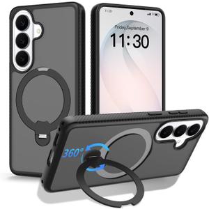 Phone Case for Samsung Galaxy S26: Rotatable O-Ring Stand MagSafe-Compatible, Military-Grade Drop Tested, Translucent Matte Silky Touch Anti-Slip Grip (Black)