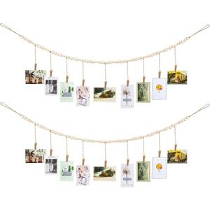 Wall Hanging Photo Display with Wooden Beads Garland 4 Feet Boho Collage Picture Frame DIY Picture Photo Frame Set with 9 Wood Clips for Rustic Country Home, Office Nursery Room Decoration(2 Pieces)