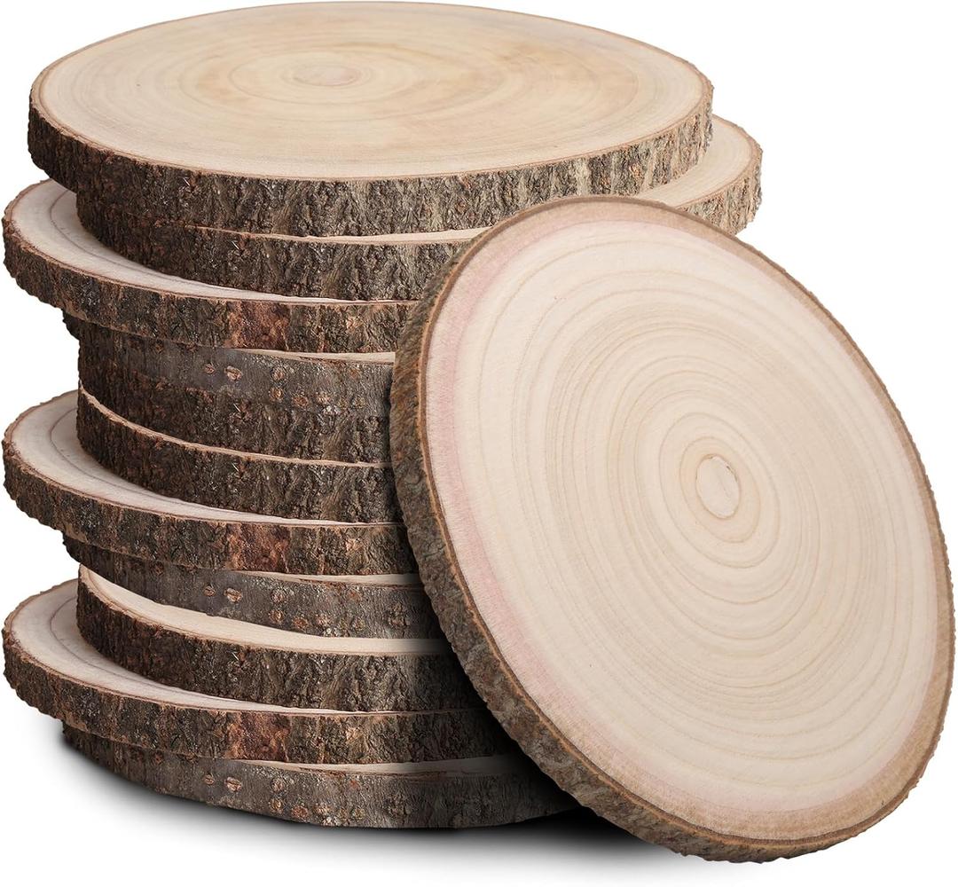 12Pcs 7-8 Inch Unfinished Wood Slices, Wood Rounds Cookies for Crafts, Rustic Wood Circles & Slabs, Wooden Discs for Tables Decor- Perfect for Centerpieces, Art Projects and Rustic Weddings