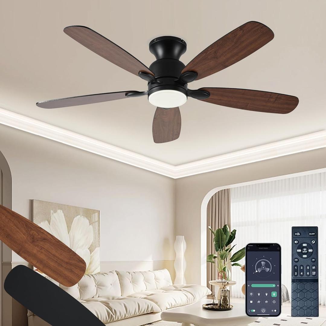 52inch Low Profile Ceiling Fan with Light and Remote/APP Control,Reversible DC Motor,Noiseless,Dimmable,Modern Flush Mount Ceiling Fan for Bedroom,Indoor/Outdoor Use(Brown)