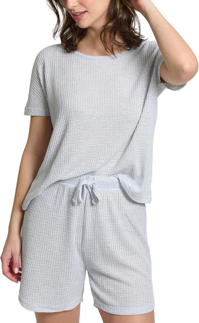Mad Dog Women's Waffle Knit Pajama Set  Short Summer Pajamas with Shorts - Soft Comfy PJ - Breathable Loungewear Size S-XXL (White, L)