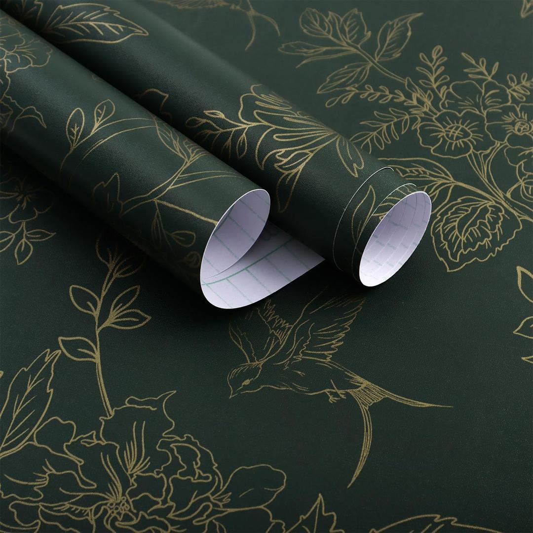 Dark Green and Gold Wallpaper Floral Peel and Stick Wallpaper 17.7"x118.1" Vintage Floral Contact Paper Peel and Stick Flowers Birds Removable Self Adhesive Wall Paper for Bedroom Cabinets