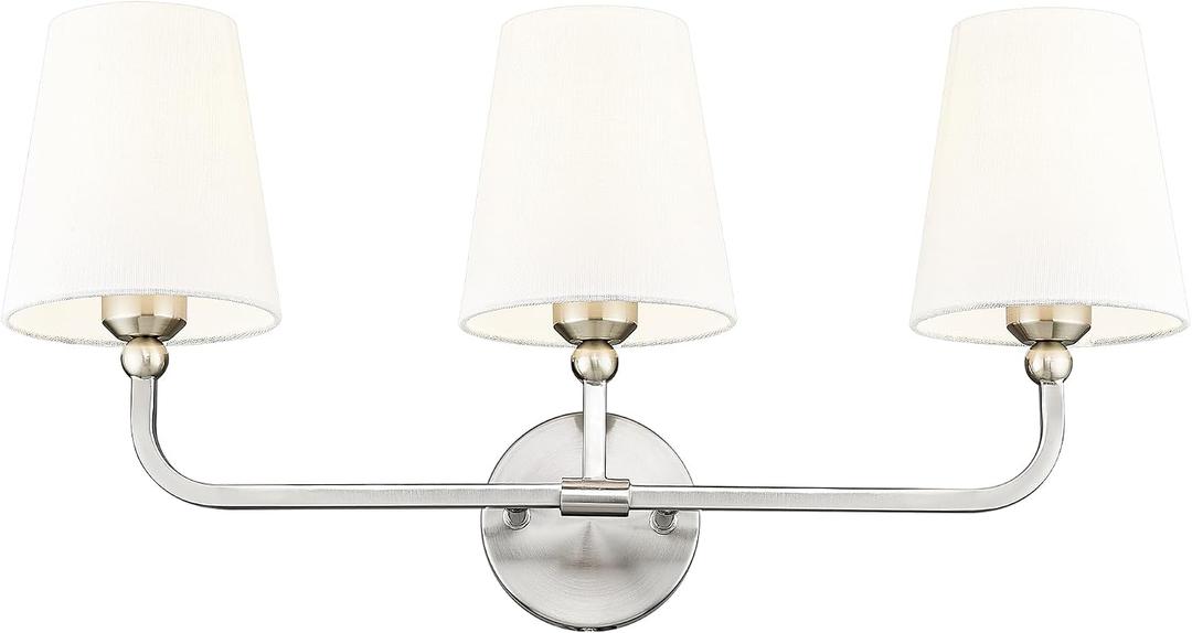 Bathroom Light Fixtures, Brushed Nickel Vanity Lights with Flared White Fabric Shade, 3 Light Wall Sconce, Modern Sconces Wall Lighting for Hallway Bedroom, VL837-BN-3