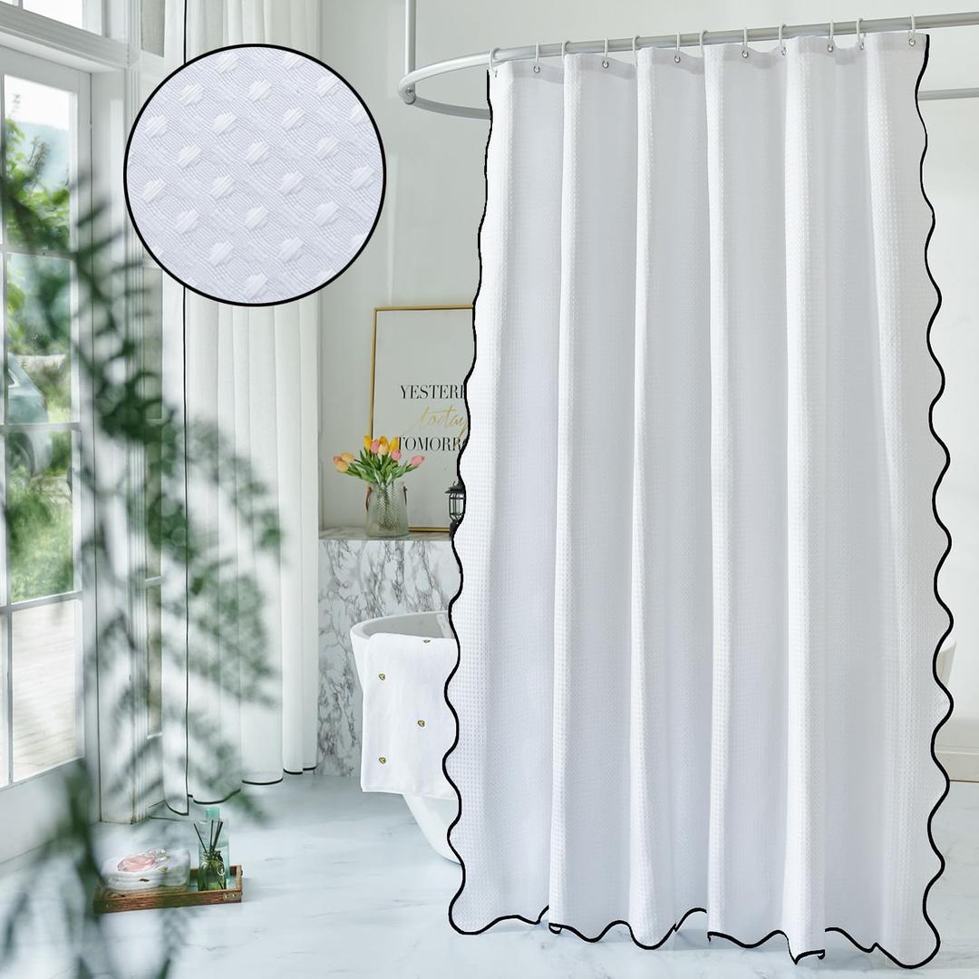 Waffle Weave 230GSM Heavy Duty Fabric with Black Scalloped Border Shower Curtain, Boho Chic Cloth Shower Curtain for Bathroom Showers,72 x 84 Inches