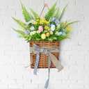 Basket Wreath 17 Inch Spring Summer Door Hanger Basket Eggs Wreath Artificial Summer Flowers Wreaths with Green Leaves Daisy for Front Door Indoors Outdoor Decor