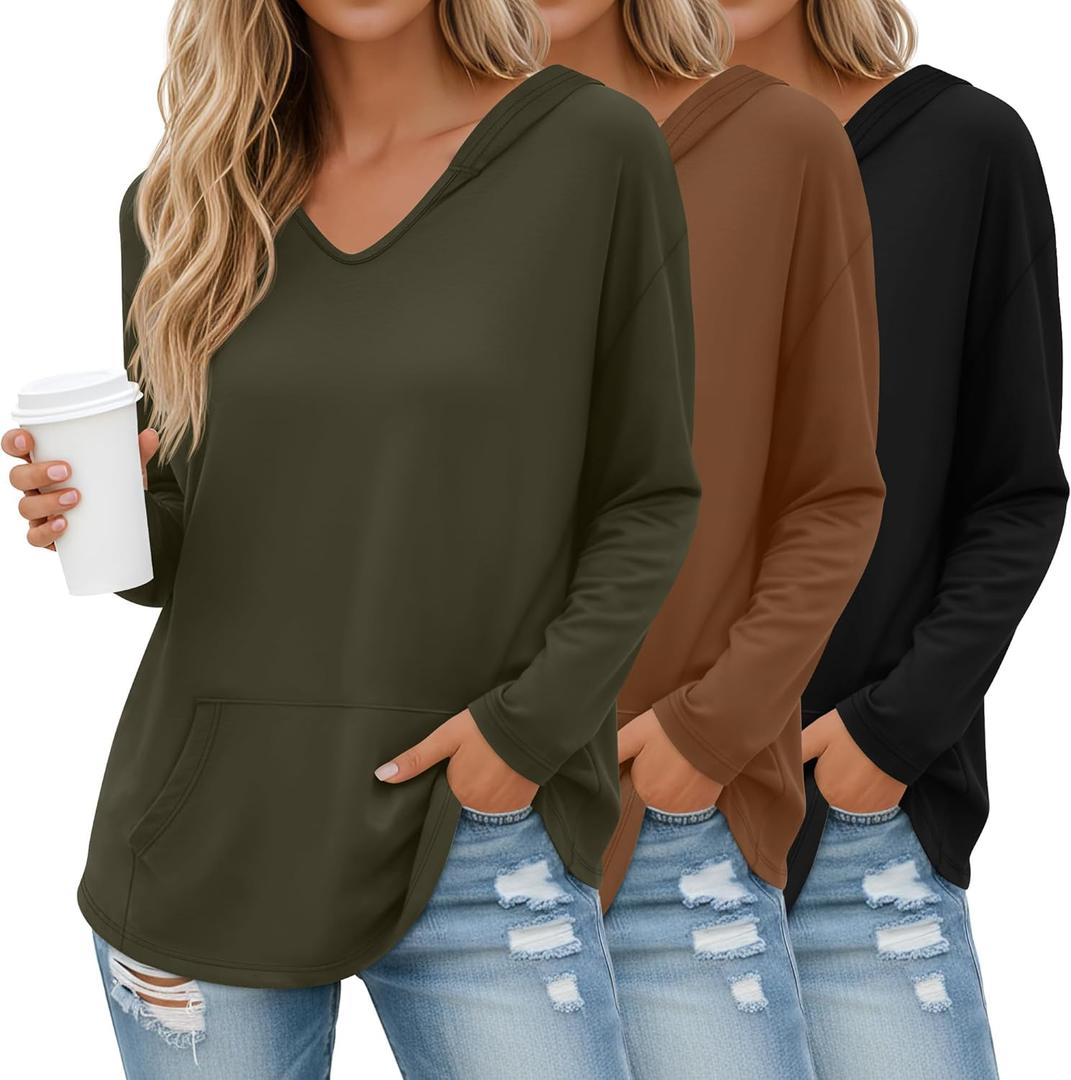 3 Pack Women's Long Sleeve Hoodies V Neck Curved Hem Sweatshirts Casual Loose Fit Lightweight Workout Fall Pullovers (Medium, Army Green, Mocha, Black)