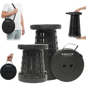 VIMALIFE Upgraded Collapsible Folding Stool, Heavy Duty 350lbs Capacity, Adjustable Height Collapsible Stool, Lightweight Folding Chair for Camping, Hiking, Fishing, BBQ, Indoor & Outdoor Use, Black