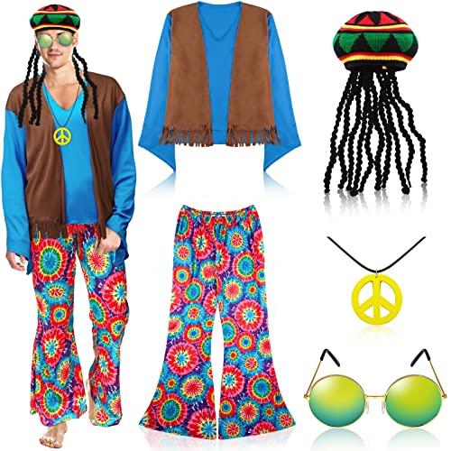 Geyoga 5 Pcs 70s 60s Hippie Costume for Men 70 S Outfit Disco Outfit Pant Shirt Faux Vest Rasta Hat with Dreadlocks L