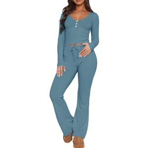 REVETRO Lounge Sets For Women Spring Sexy V Neck Pajama Set Long Sleeve Shirts 2 Piece PJ Set Y2k Workout Sets For GYM (Small, Grey Blue)
