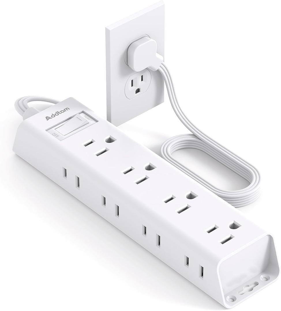 Short Extension Cord 1Ft, Flat Plug Power Strip - Addtam 12 Widely AC 3 Sides Multiple Outlets, 1050J Surge Protector, Wall Mount, Desk Charging Station for Home Office Dorm Room Essentials (White)