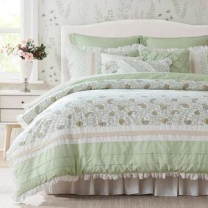 Madison Park King Comforter Set Cottage Cotton Comforter for King Size Bed, All Season, Lightweight King Cotton Bedding Include Shams, Bedskirt & Décor Pillows, Dawn, King Sage Green 9 Piece