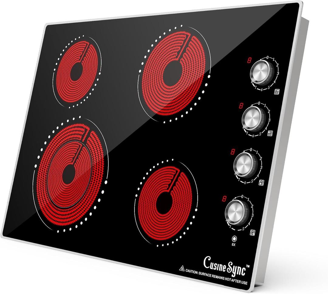 30 Inch Built-In Electric Ceramic Glass Cooktop, 4 Burners, 7200W Total Power, Knob Control, Compatible with Flat-Bottom Cookware, 220-240V Hardwired