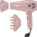 Conair Hair Dryer with Retractable Cord, 1875W Blow Dryer, 3 Heat Settings, 2 Speeds, Blow Dryer with Diffuser and Concentrator Attachments, Ionic + Tourmaline Technology, Matte Light Pink