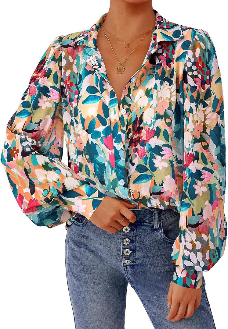 PRETTYGARDEN Women's Floral Blouses Dressy Casual V Neck Button Down Shirts Lantern Long Sleeve Boho Chiffon Spring Tops 2026 (L)