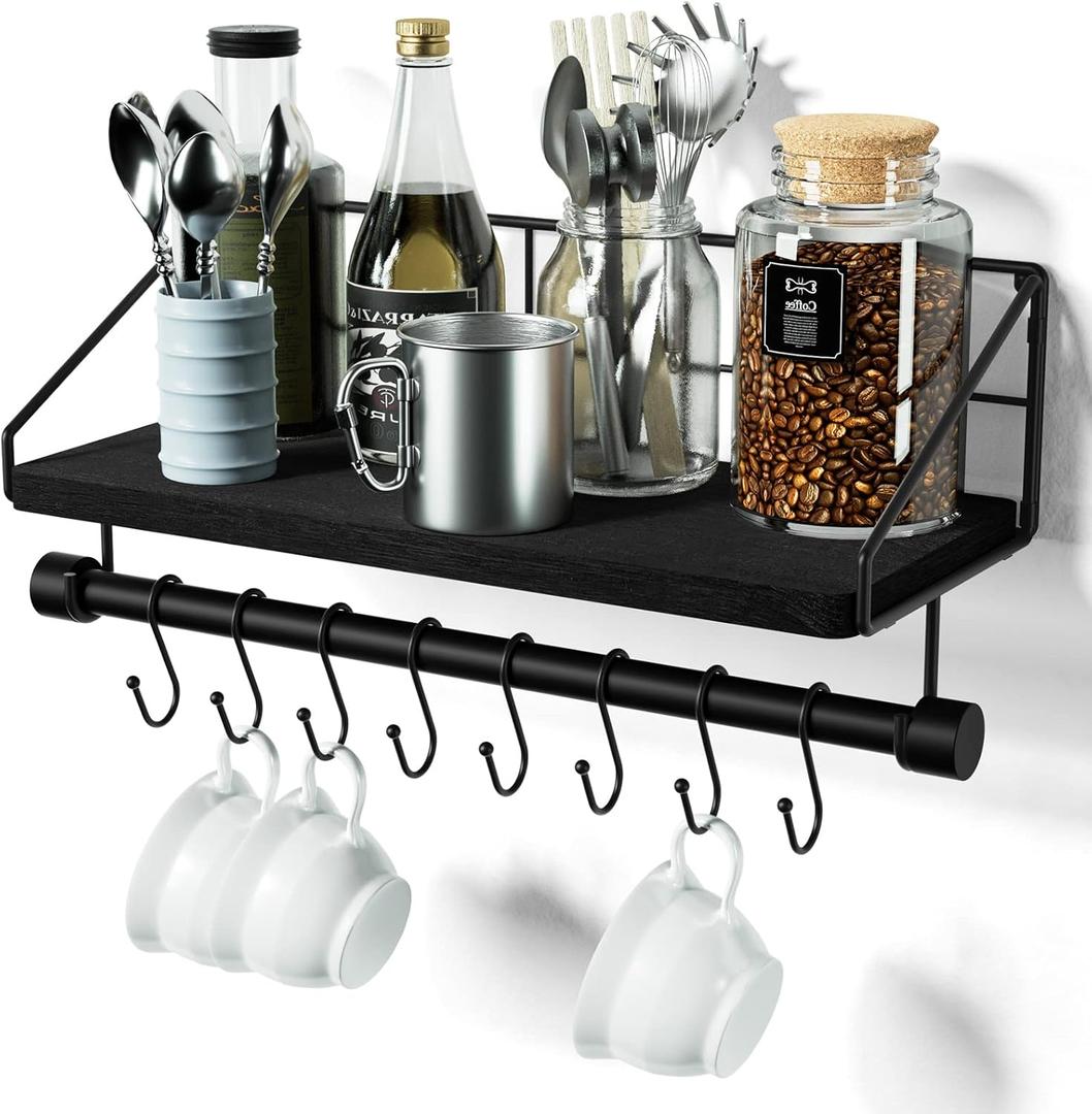 Alsonerbay Floating Shelves Wall Shelves for Bedroom, Bathroom Shelves Wall Mounted with Towel Bar, Kitchen Rustic Wood Shelf with Hooks for Hanging Cooking Utensils or Mugs (Black)