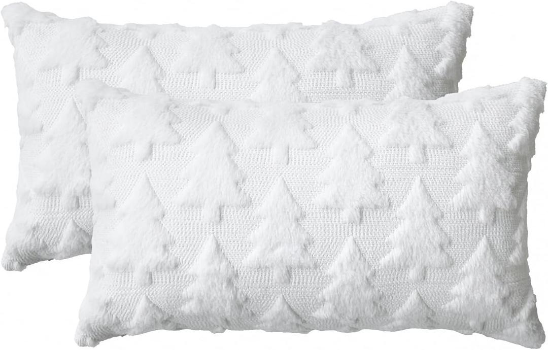 AVOIN colorlife Christmas Tree White Throw Pillow Covers Set of 2, 12 x 20 Inch Soft Plush Faux Fur Jacquard Cushion Case Festivals Winter Decoration for Sofa Couch
