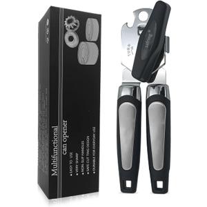 Can Opener Manual, Handheld Strong Heavy Duty Stainless Steel Can Opener, Comfortable Handle, Sharp Blade Smooth Edge, Can Openers with Multifunctional Bottle Opener (Black)
