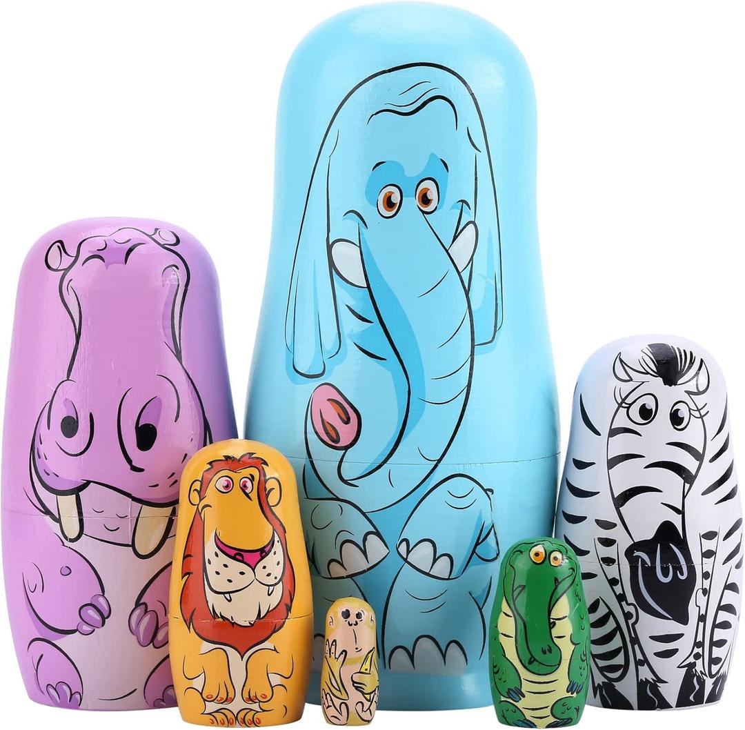 Yoption 6 Pcs Russian Nestingdolls, Handmade Wooden Matryoshkadoll Animal Nestingdoll Set for Christmas Birthday Gift Party Home Decorations (Blue Elephant)