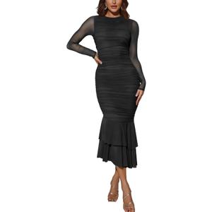 Atizon Elegant Ruched Bodycon Evening Dresses for Women Cocktail Party Formal Maxi Mermaid Dress (Large, Black)