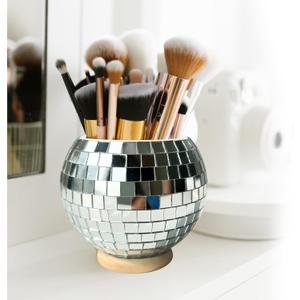 FlidRunest Disco Makeup Brush Organizer Mirror Ball Cosmetic Brush Cup, Reflects Light Unique Storage Holder for Counter, Dresser, Bedroom