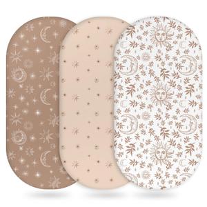 Unnivoll Baby Bassinet Sheets Girl Boy, Fitted Bassinet Sheet Set 3 Pack Bassinet Mattress Sheets Universal Fit for Rectangle, Round, Oval, Hourglass Mattress, Soft Breathable White Brown Sun God