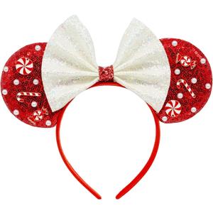 2 x Christmas Mouse Ears Headband With White Sequin Bow, Pearl, Swirl Candy Decorations, Glitter Party Costume Accessory, Theme Park Cosplay; 56HSD