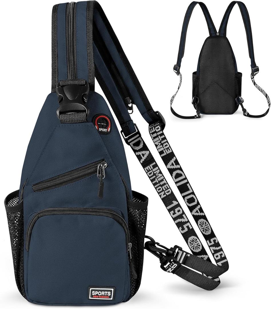 Geestock Convertible Sling Bag for Women Men, 12.6" Crossbody Sling Backpack with Headphone Hole Fit 7.9" Tablet, Lightweight Chest Bag Daypack Crossbody for Travel Sport Hiking & Commute, Navy Blue (Small)