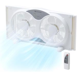 Comfort Zone Window Fan for Bedroom, 9 inch 3 Speed Dual Fans with Auto-Locking Expanders, 3 Modes (Cool, Circulate, Exhaust), Remote Control, Fabric Cover plus Bug Screen, White (9" Twin Window Fan w/ Remote)