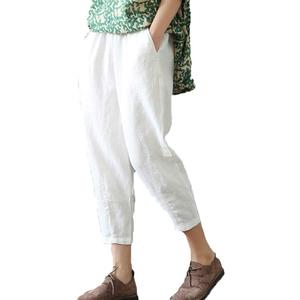 LaovanIn Women's Linen Cropped Pants Tapered Ankle Capris Trousers Elastic Waist (X-Large, White)