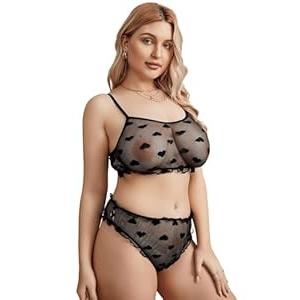 SOLY HUX Women's Mesh Sheer See Through Lingerie Set Sexy Lace Bra and Panty 2 Piece Black Heart 3X-Large Plus