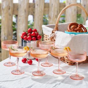 Shatterproof Acrylic Ribbed Vintage Art Deco Martini, Champagne & Cocktail Pink Peach Tint Color Plastic Tritan Coupe Glasses | Set of 6 | 8oz Ripple Glassware Cocktail Indoor & Outdoor European Style