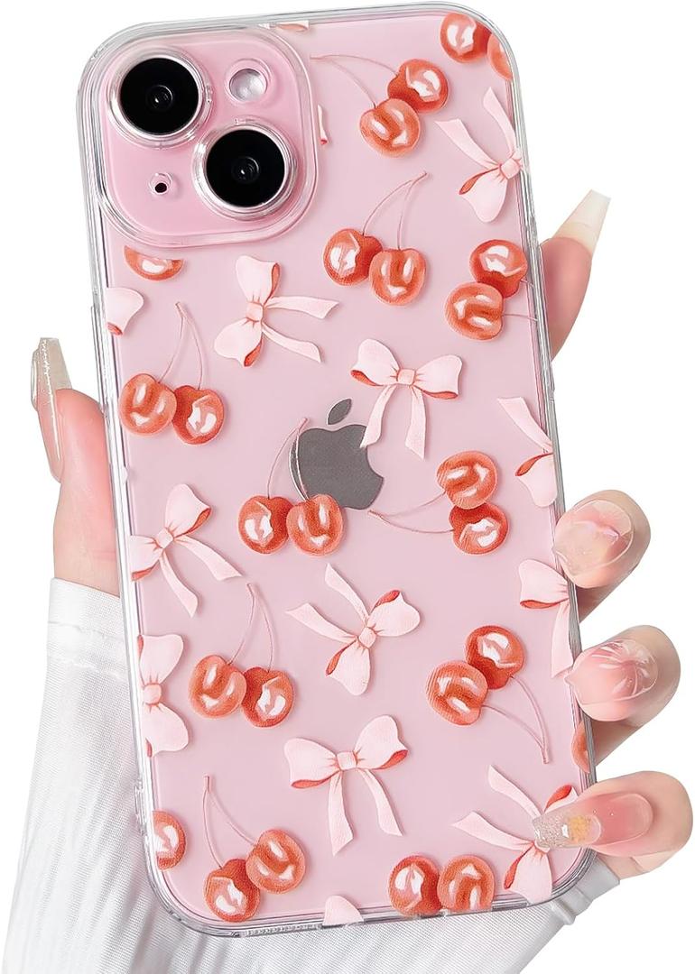 NITITOP Compatible with iPhone 15 Plus Case Cute Clear Cherry Bowknot Design for Women Girls Bow Ribbon Soft Fit Slim Stylish Anti Yellowing Protective Phone Cover - Light Pink