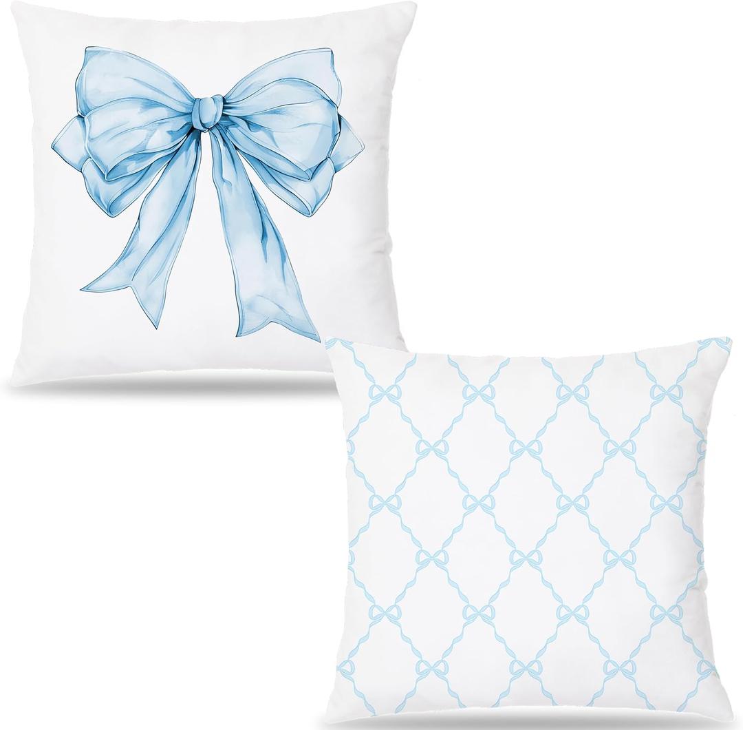 Blue Coquette Bow Pillow Covers 18x18, Coquette Room Decor,Coquette Stuff, Girly Bedroom Decor, Bow Room Decor, Set of 2