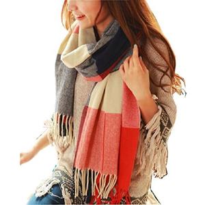 Wander Agio Women's Fashion Long Shawl Big Grid Winter Warm Lattice Large Scarf (Orange Red)