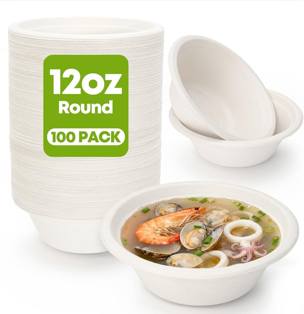 W&Y 12 oz Paper Bowls, 100-Count Disposable Compostable Bowls, Microwave Safe & Heavy Duty, Biodegradable Sugarcane Fiber Bowl for Hot Soup, Salad, Snacks, and Party Use