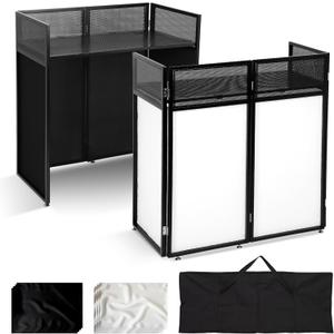 Portable DJ Booth Table Station 44"x42.2"x20.6", Foldable Metal Frame DJ Facade with Black & White Scrims, Detachable 40"x20" DJ Table, Adjustable Height, Carry Bag for Show, Party, Wedding, Events