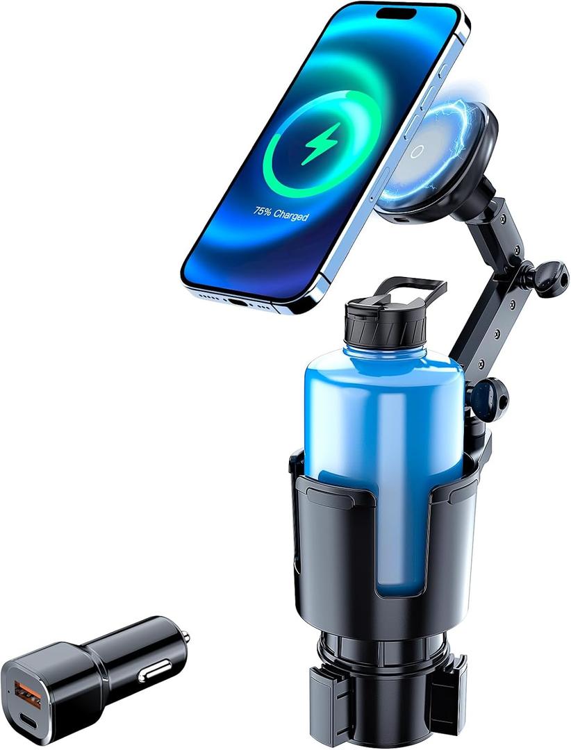 This Hill for Magnetic Cup Holder Charger, 360 Rotating Wireless Magnetic Car Charger, Fast Charging Phone Holder for iPhone 16 15 14 13 12 and Samsung Galaxy S20 Above Series [with QC 3.0 Adapter]