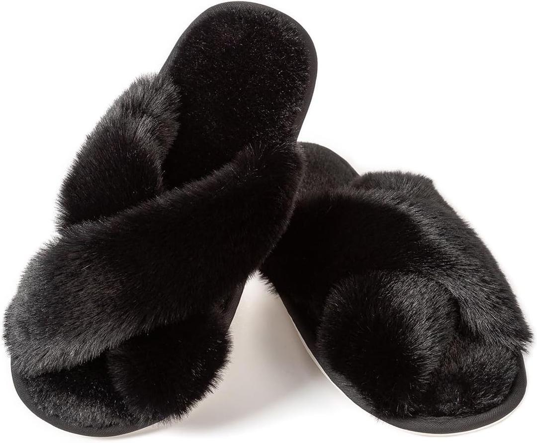 Womens Cross Band Slippers Cozy Furry Fuzzy House Slippers Open Toe Fluffy Indoor Shoes Outdoor Slip on Warm Breathable Anti-skid Sole (Black)